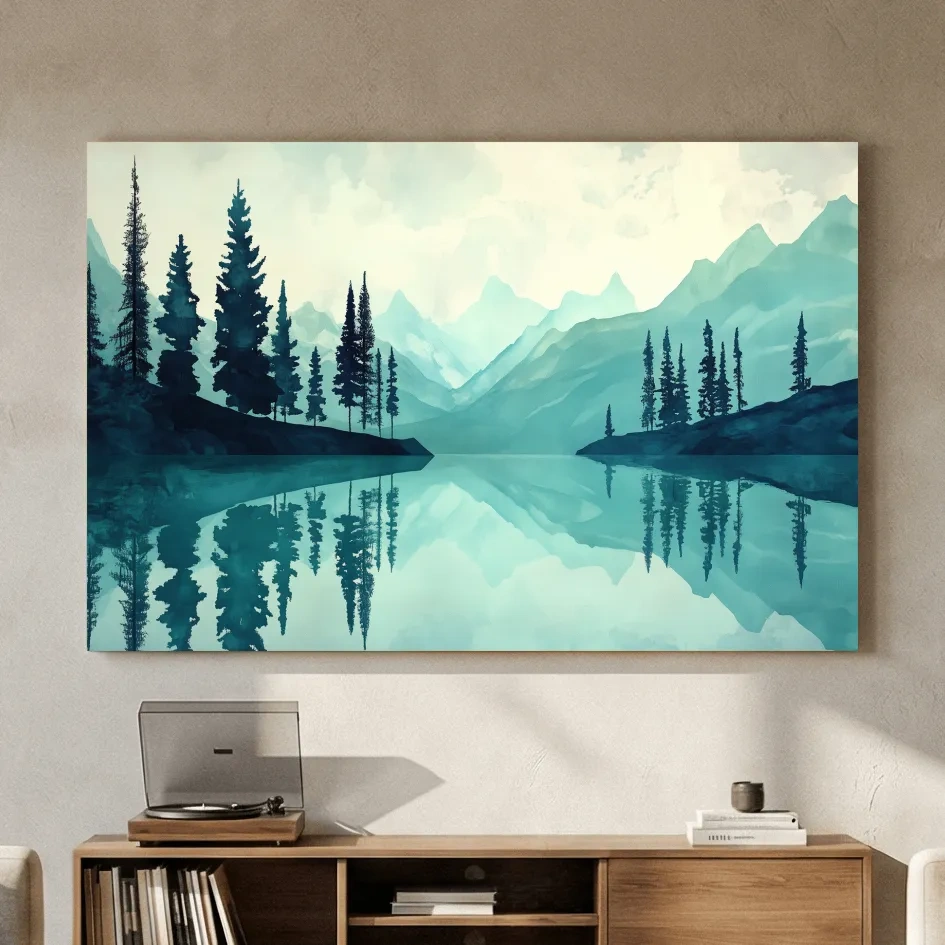 Treelined Alpine Lake Reflection - Watercolor Forest Wall Art