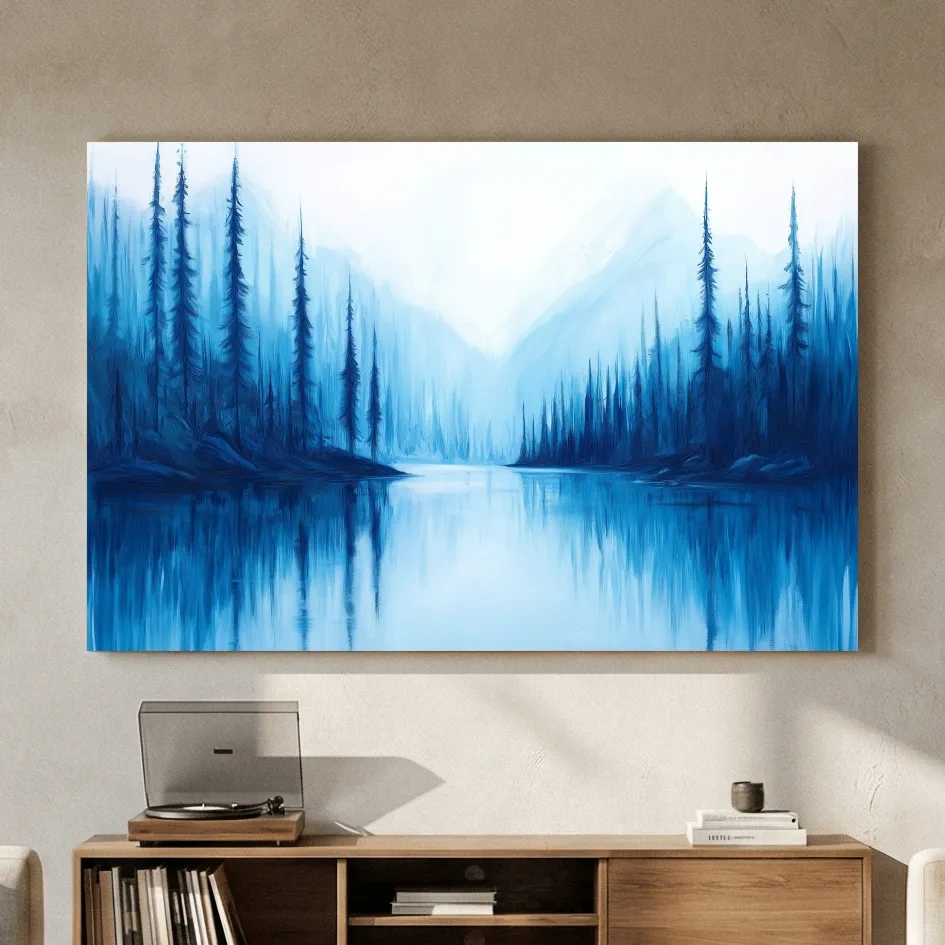 Misty Blue Alpine Lake & Pine Forest - Impressionist Landscape Painting Artwork