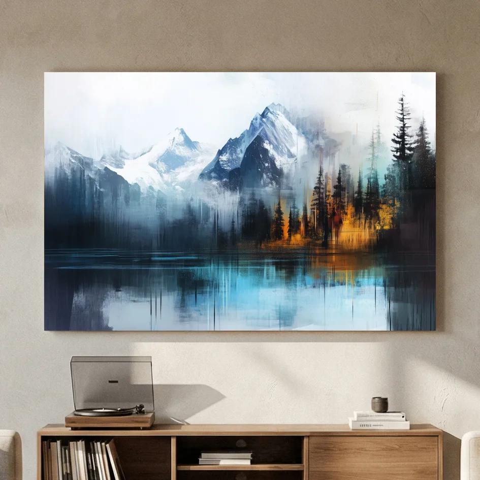 Misty Mountain & Lake Reflection - Abstract Painting Pine Forest Wall Art