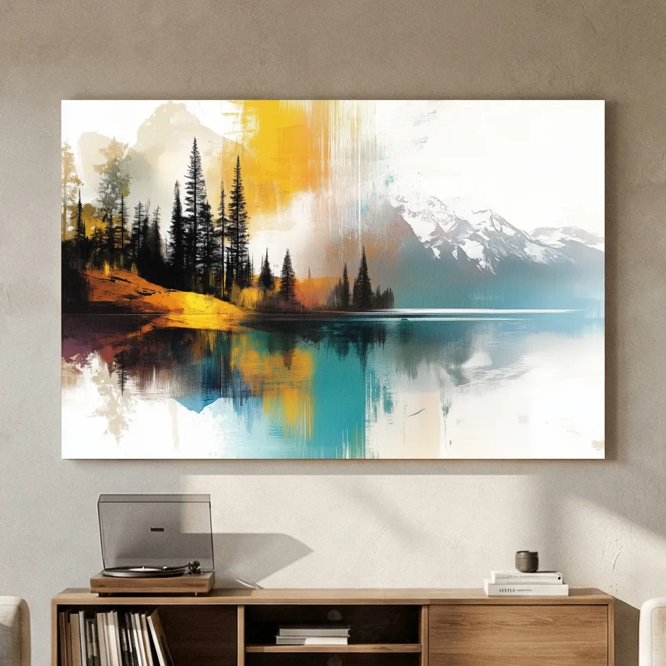 Colorful Abstract Mountain Lake Reflection Painting - Forest Landscape Wall Art