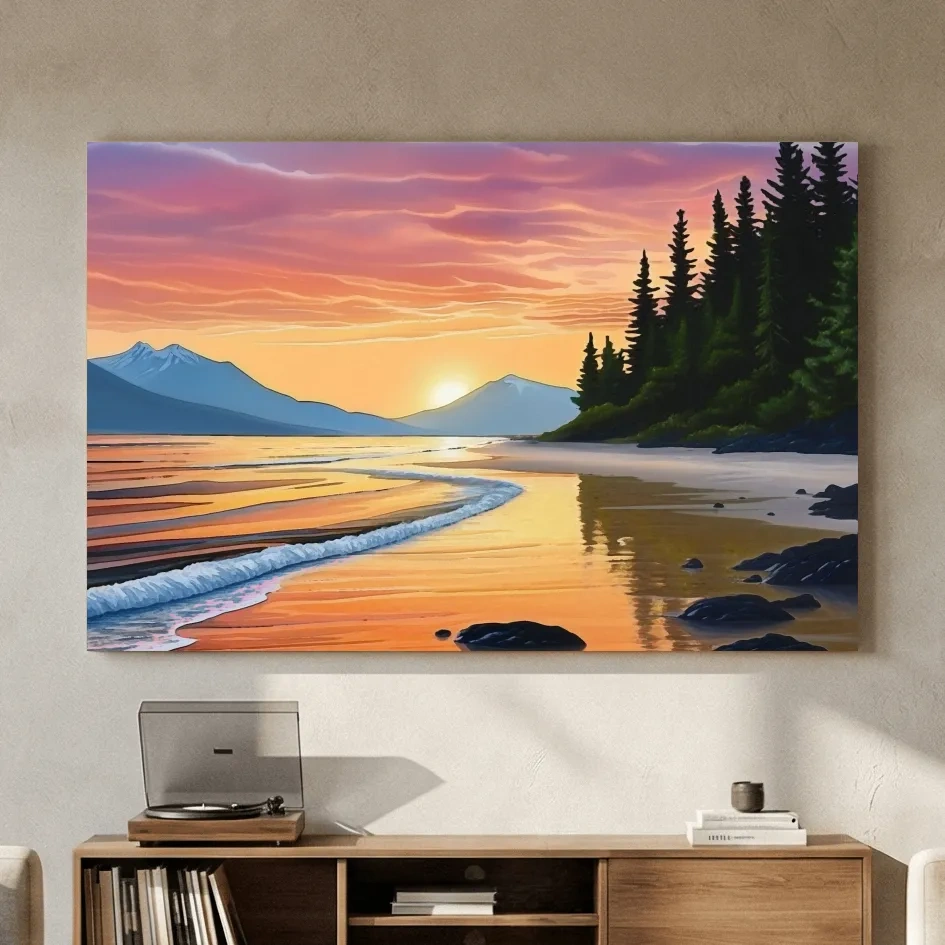 Pacific Northwest Coastal Sunset Beach Painting - Vibrant Pine Wall Art
