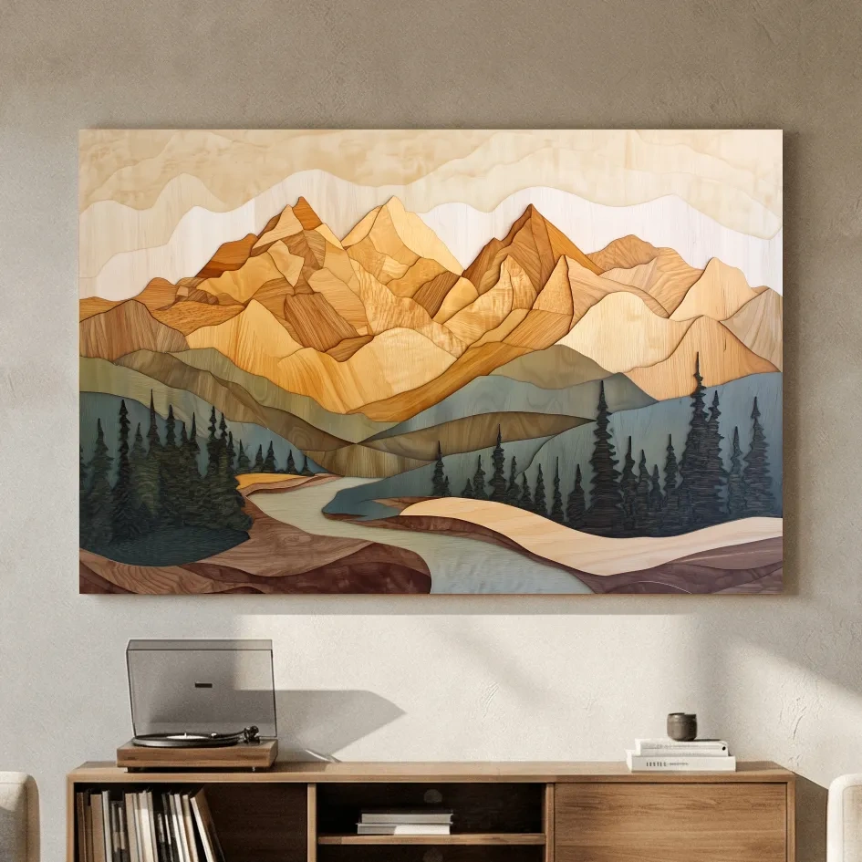 Wood Intarsia Mountain Landscape - Warm Earth Tone Alpine Forest Wall Art