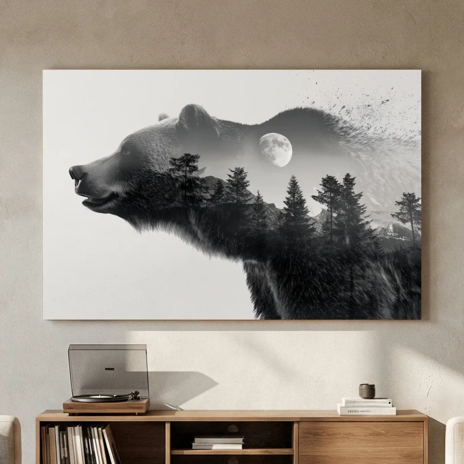 Black And White Grizzly Bear Double Exposure - Moonlit Pine Forest Mountain Wall Art