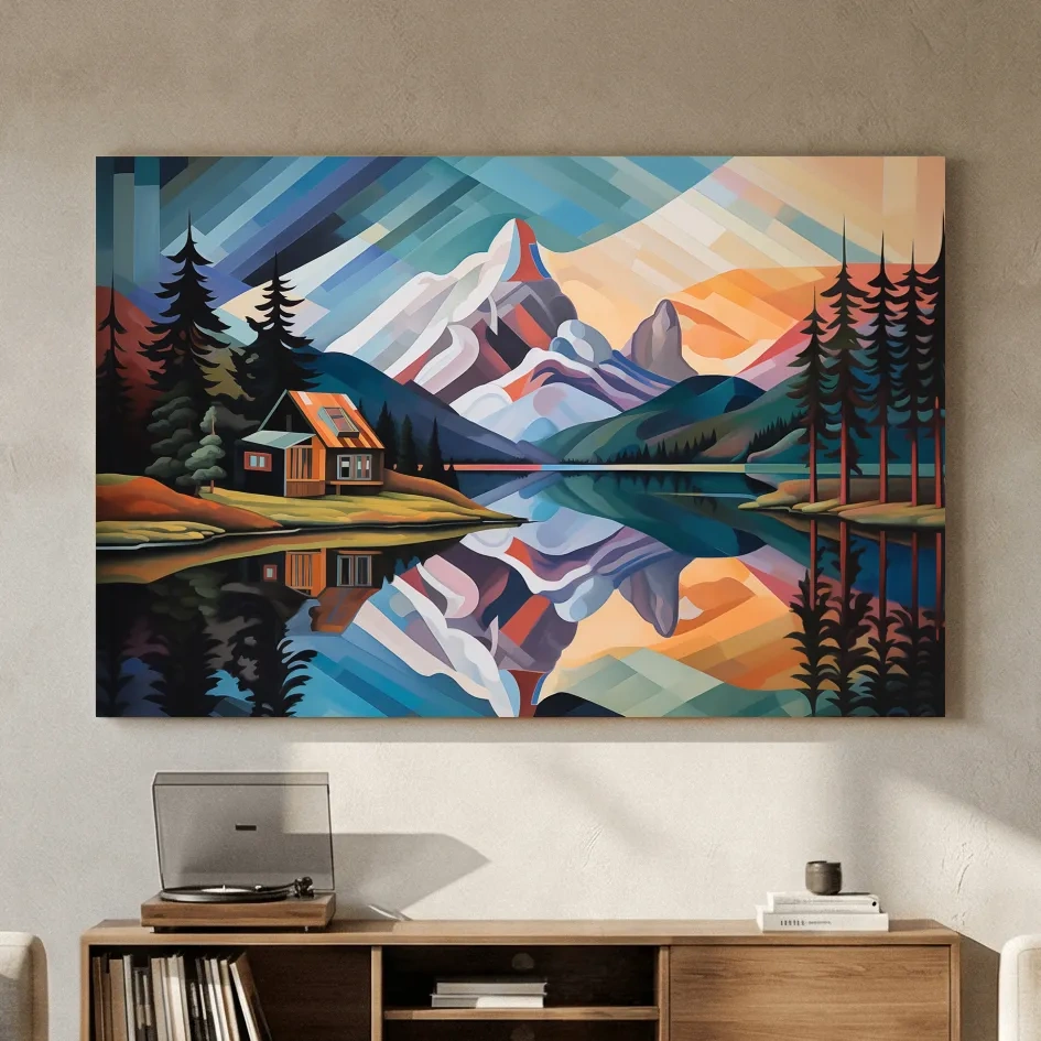 Mountain Cabin by the Lake Canvas Print - Abstract Oil Painting Sunset Wall Art