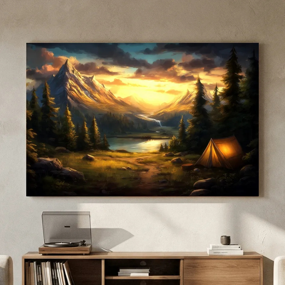 Golden Sunset Alpine Camping Scene Impressionist Painting - Scenic Mountain Wall Art