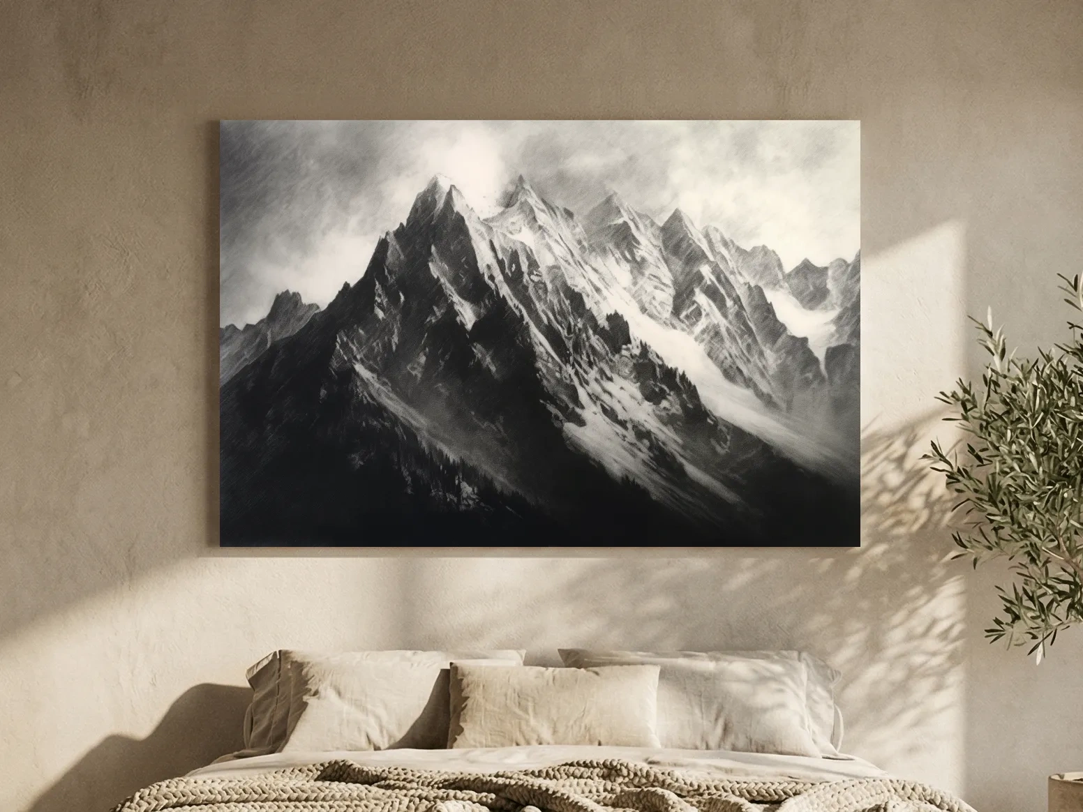 Moody Monochrome Snowy Mountain Peaks - Dramatic Charcoal Landscape Artwork