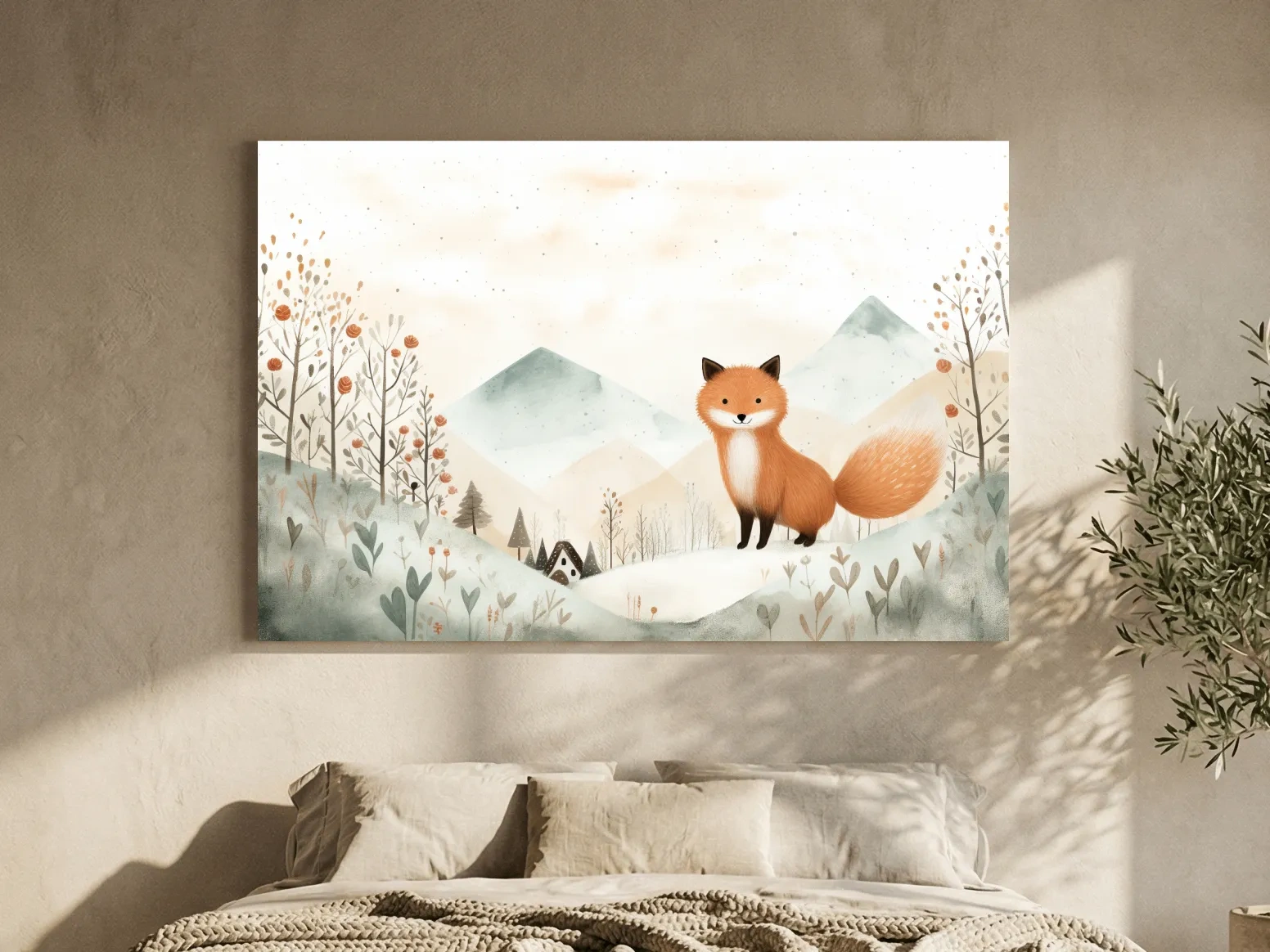 Whimsical Watercolor Fox In Pastel Mountains - Cute Nursery Animal Wall Art
