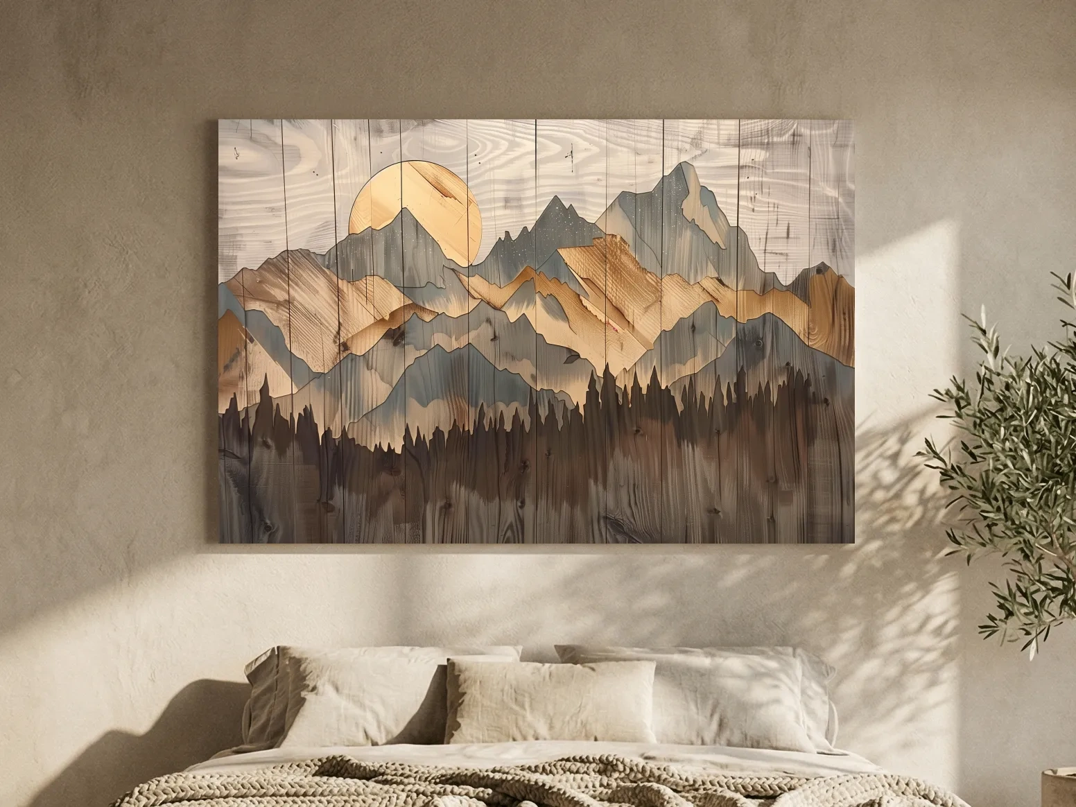Rustic Mountain Range Sunrise - Woodgrain Style Forest Wall Art