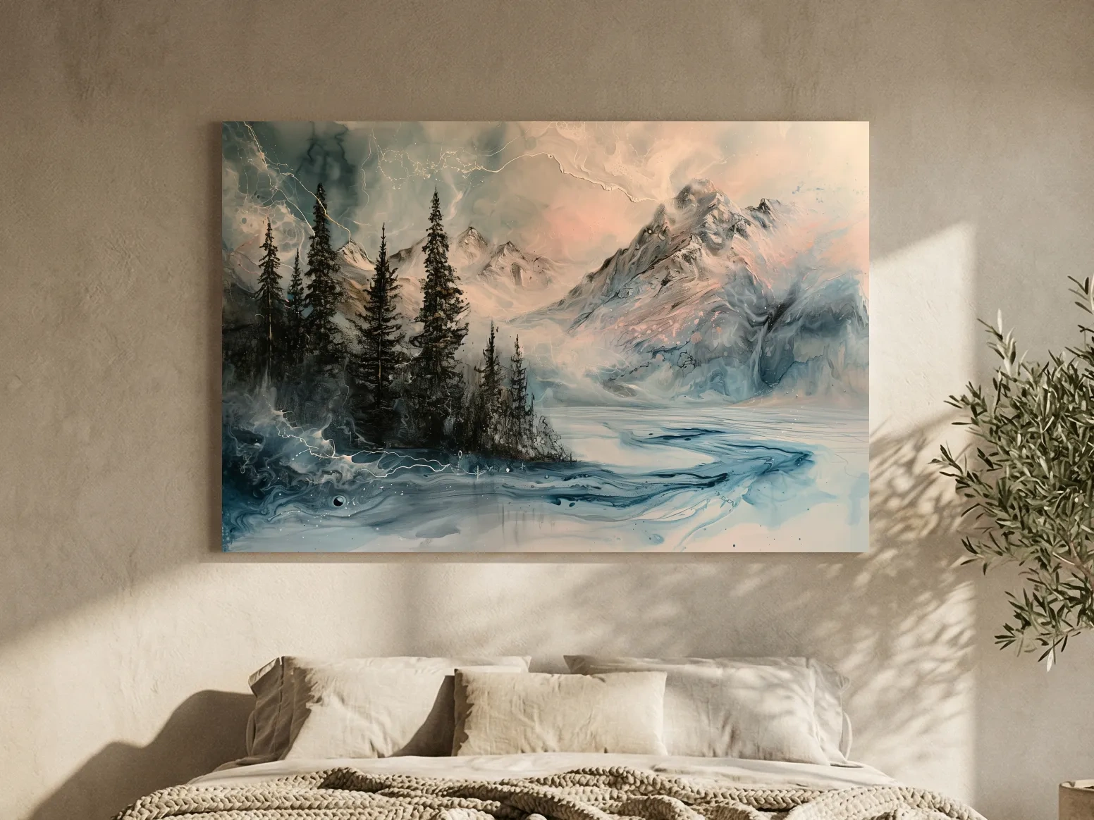 Ethereal Mountain Lake Alpine Forest - Moody Abstract Alcohol Ink Wall Art