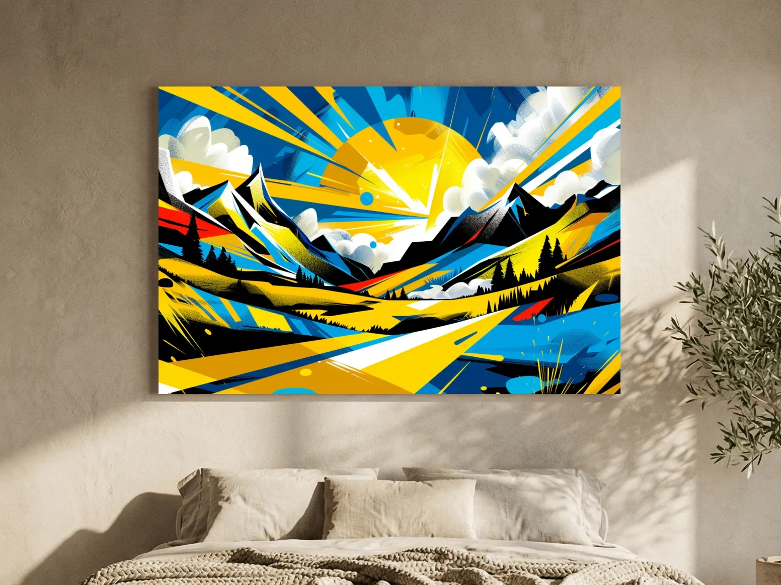 Vibrant Geometric Graffiti Mountain Sunset Landscape - Bold Pop Art Style Wall Art