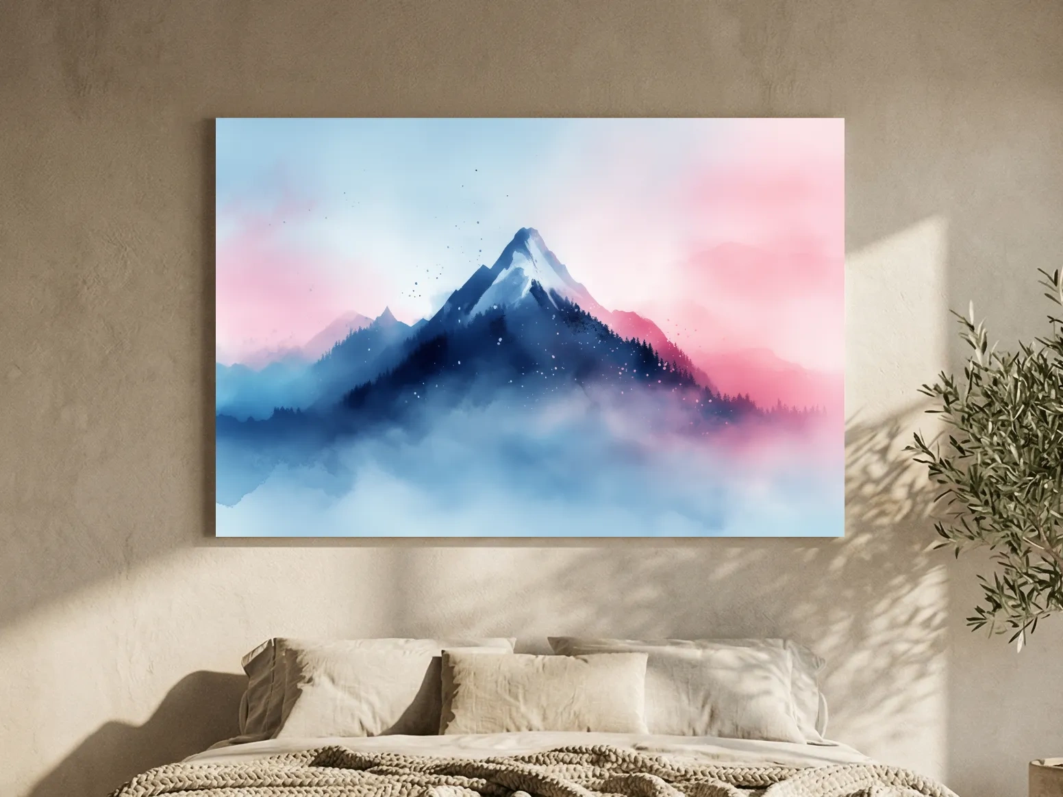 Misty Pastel Watercolor Mountain Peak - Dreamy Alpine Landscape Wall Art