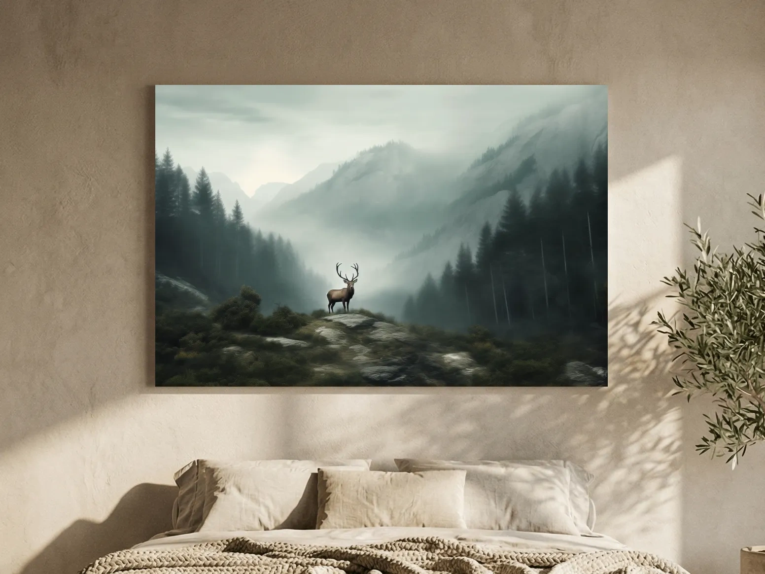 Moody Misty Mountain Deer Landscape - Atmospheric Forest Wildlife Wall Art