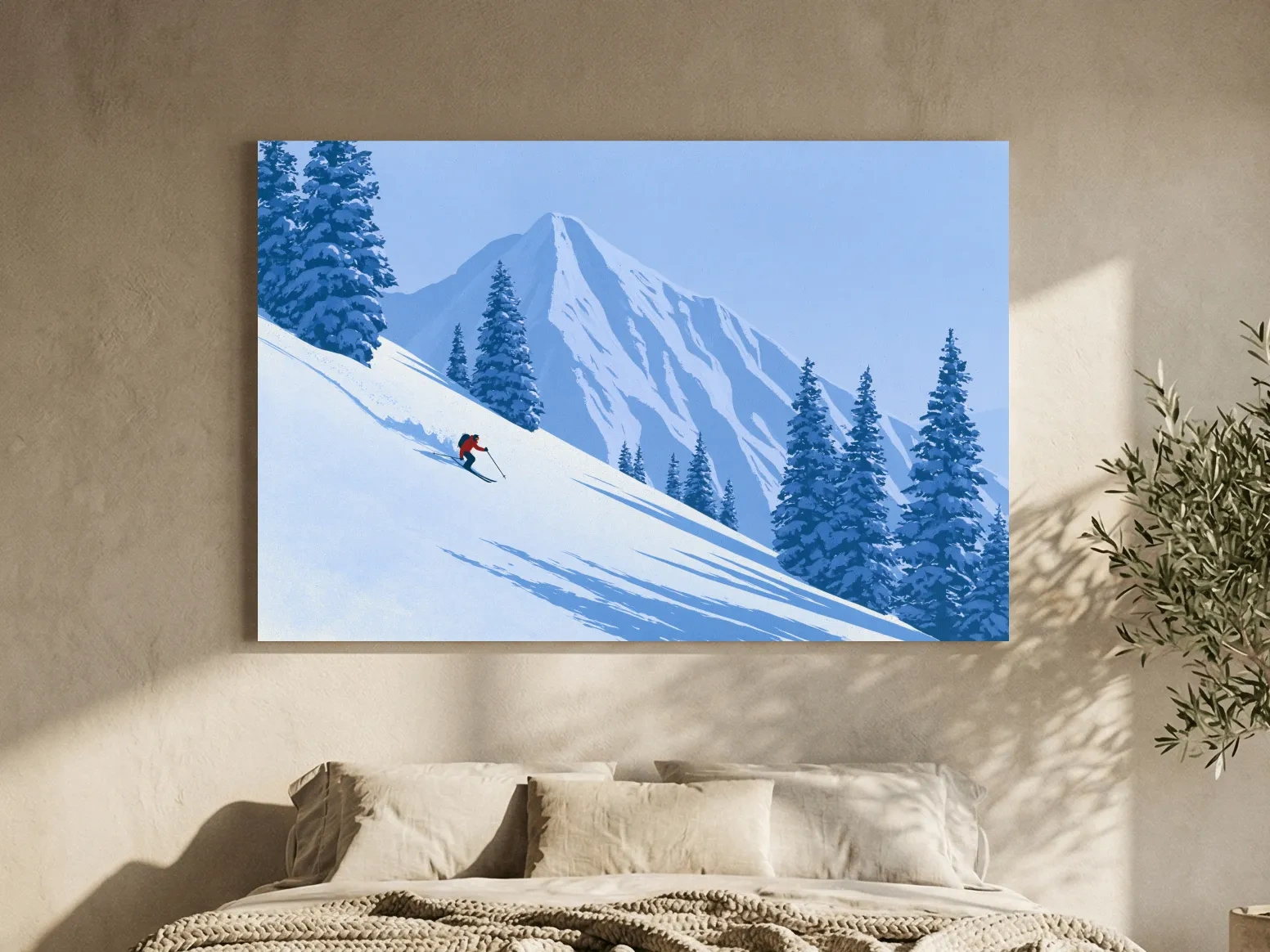 Minimalist Snowy Mountain Skier Landscape - Winter Alpine Illustration Wall Art