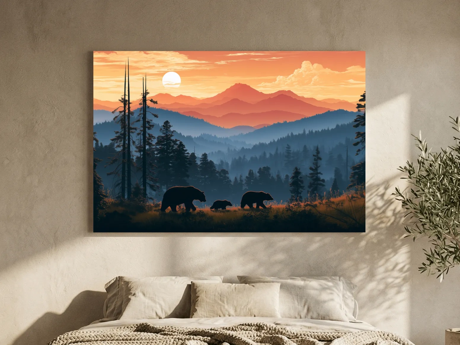 Bear Family Silhouettes - Mountain Sunset Wildlife Wall Art