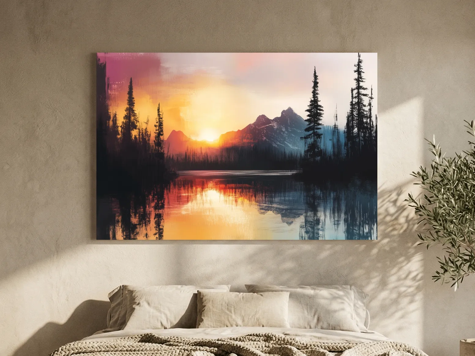 Sunset Mountain Lake Reflection Painting - Dramatic Pine Forest Landscape Wall Art