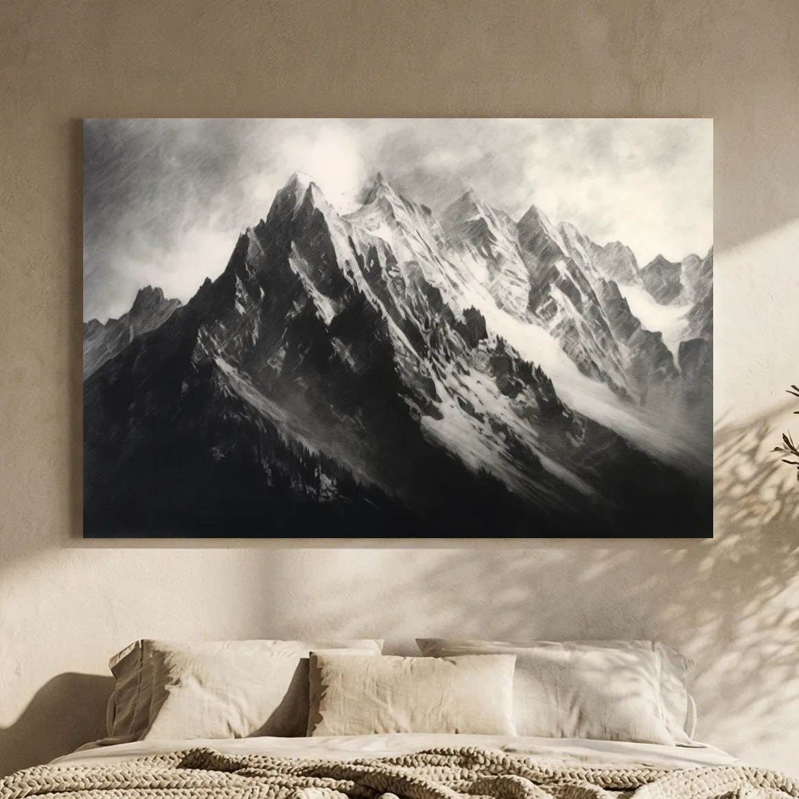Moody Monochrome Snowy Mountain Peaks - Dramatic Charcoal Landscape Artwork