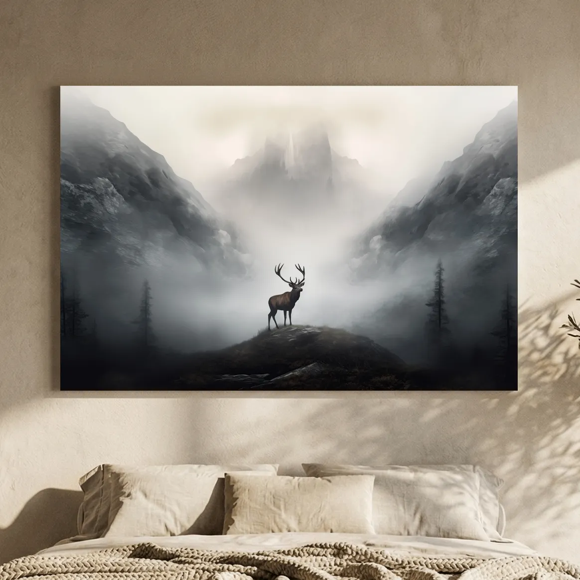 Moody Misty Mountain Stag Silhouette - Atmospheric Wildlife Landscape Art