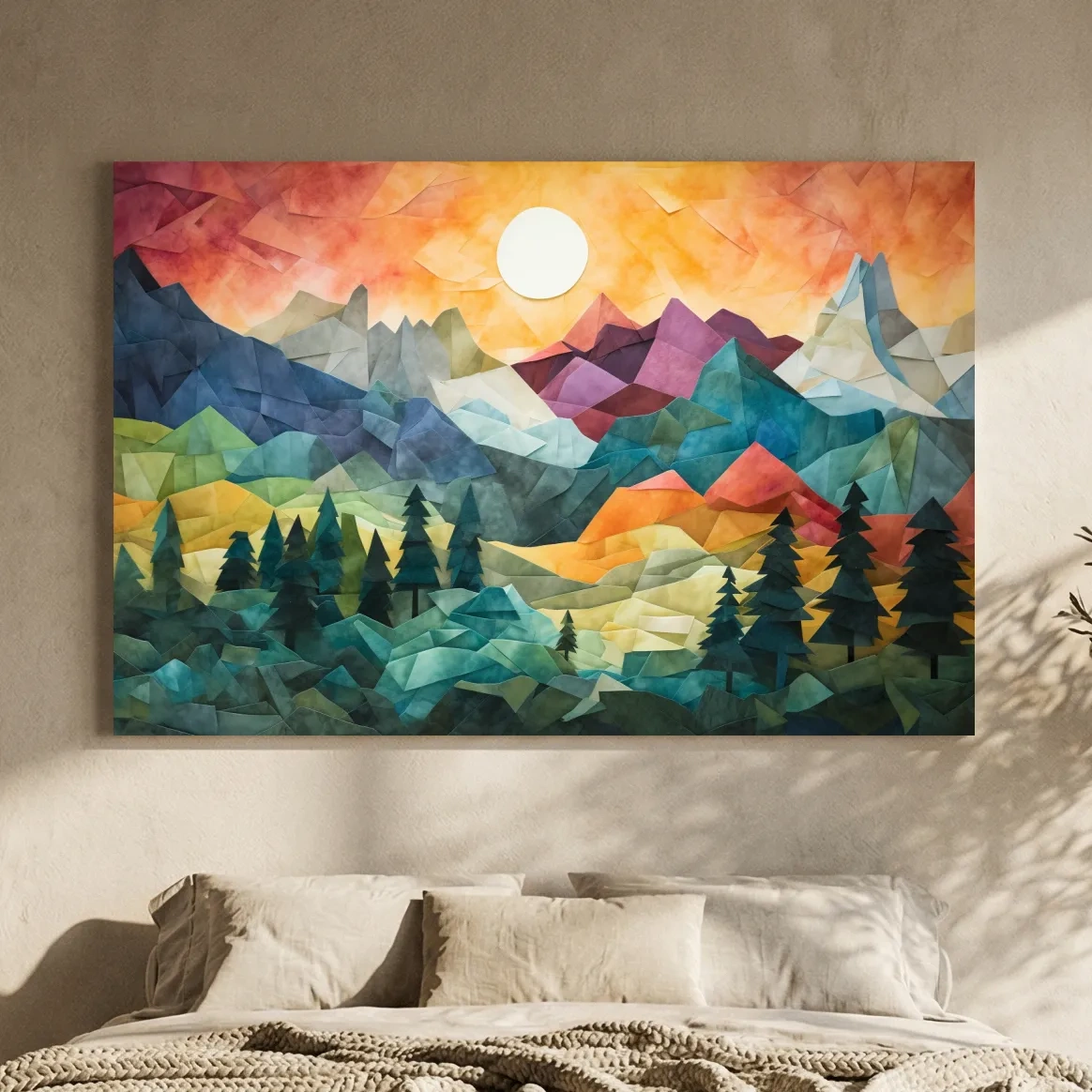 Abstract Alpine Mountain Sunset Artwork - Vibrant Patchwork Mosaic Wall Art