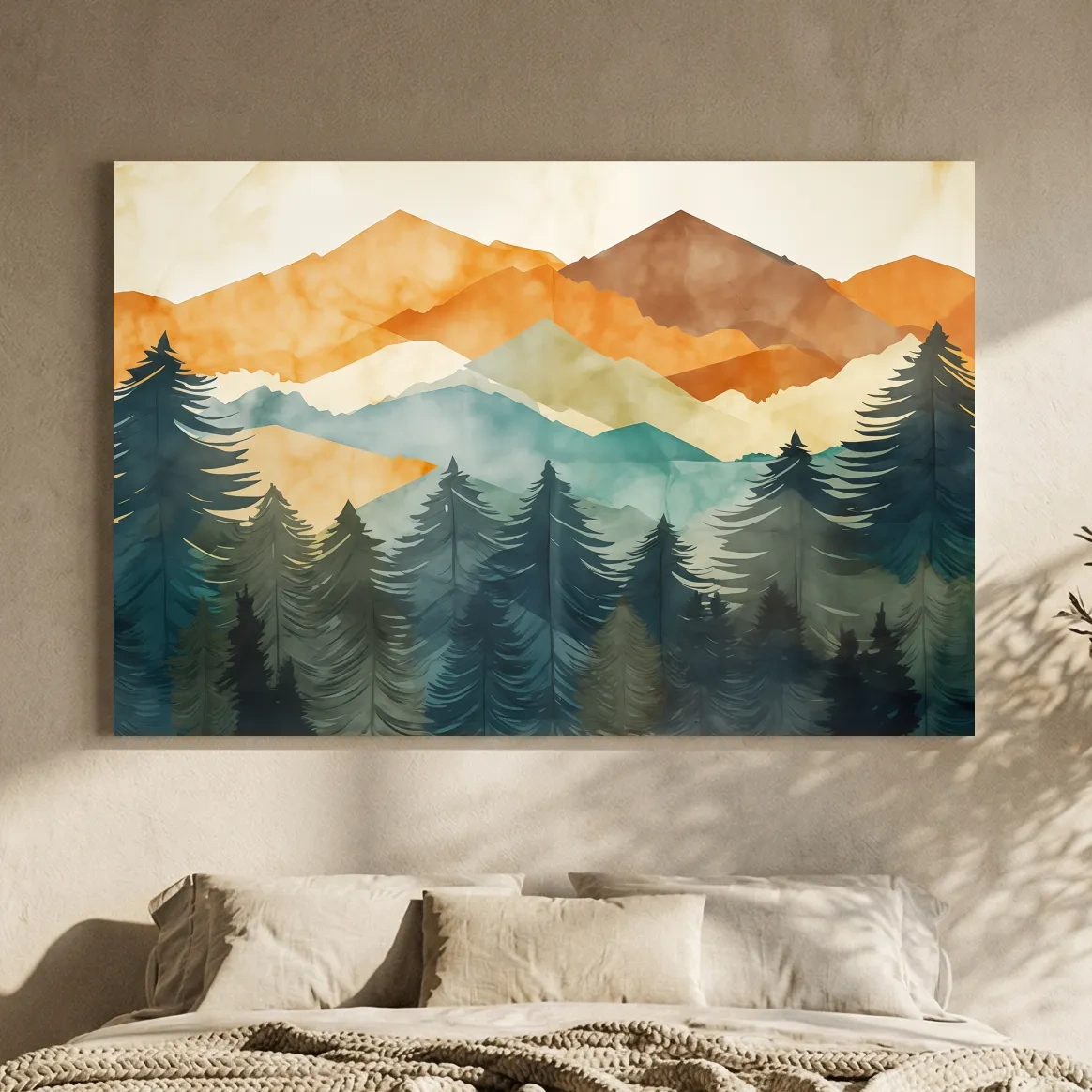Serene Landscape Painting - Abstract Watercolour Forest & Mountains