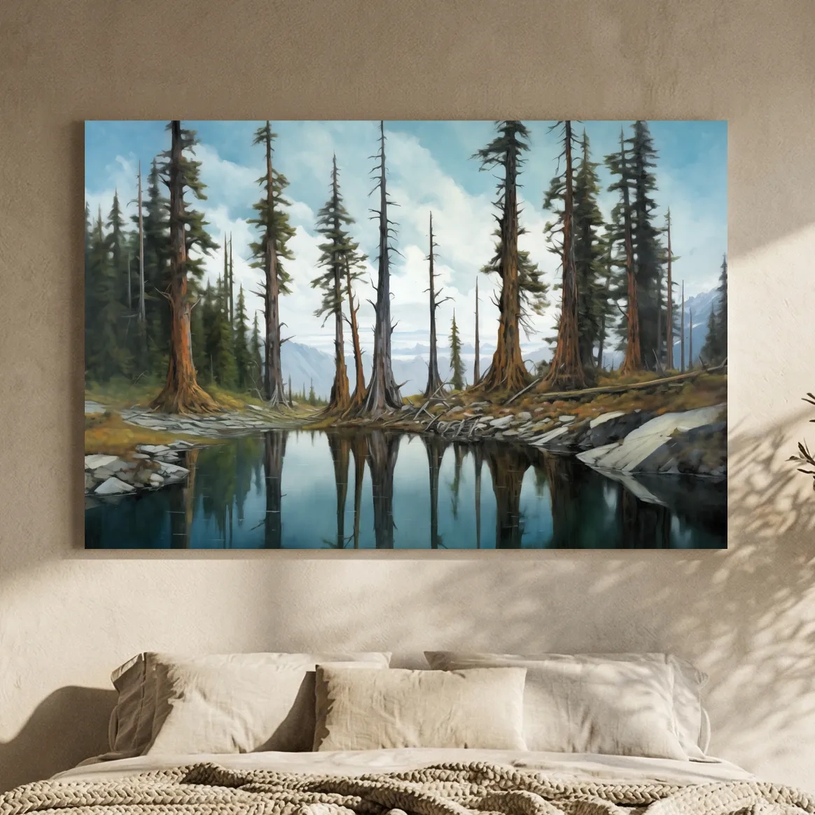 Pine Forest Lake Reflection Painting - Serene Wilderness Landscape Wall Art