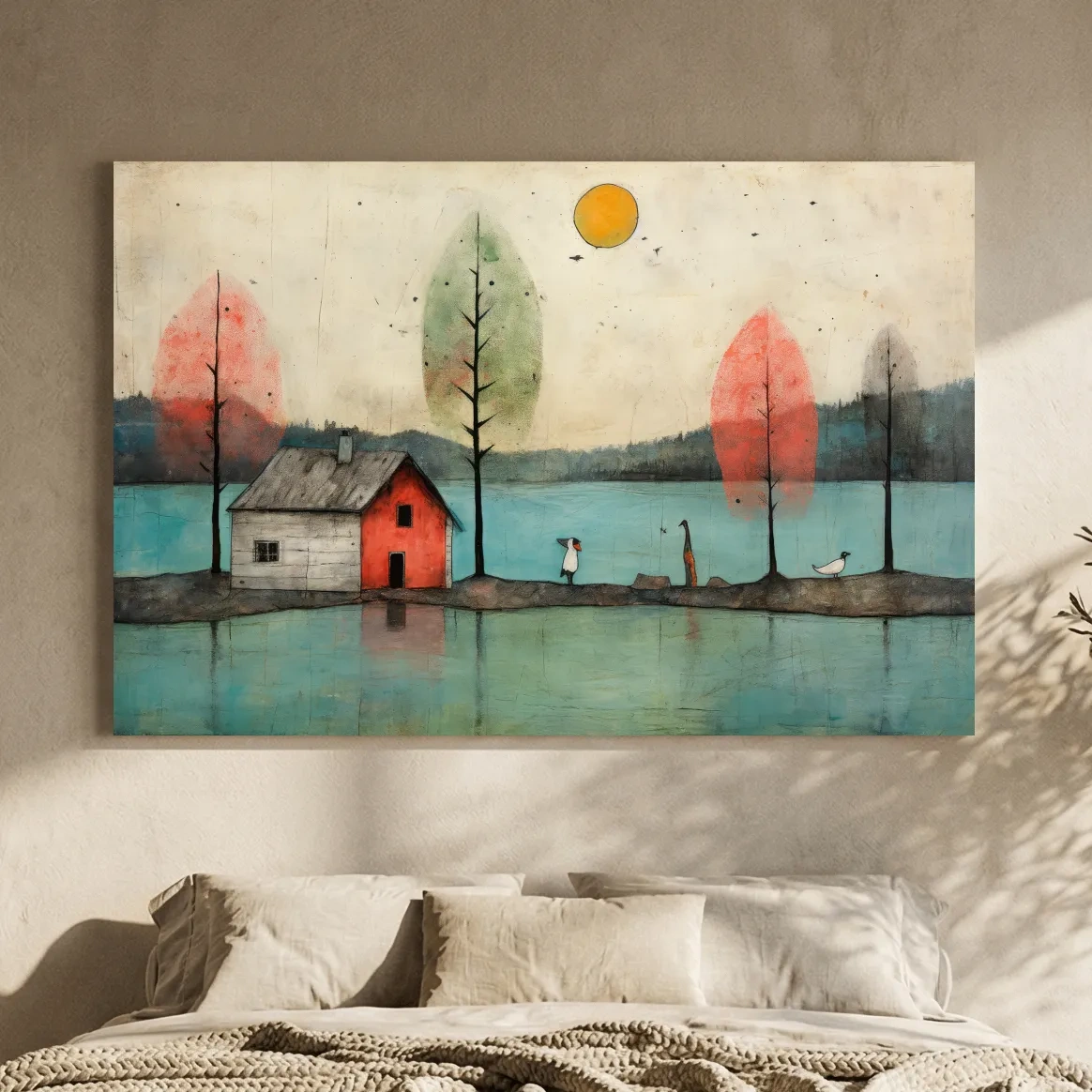 Whimsical Lakeside Cabin Illustration - Rustic Folk Landscape Wall Art