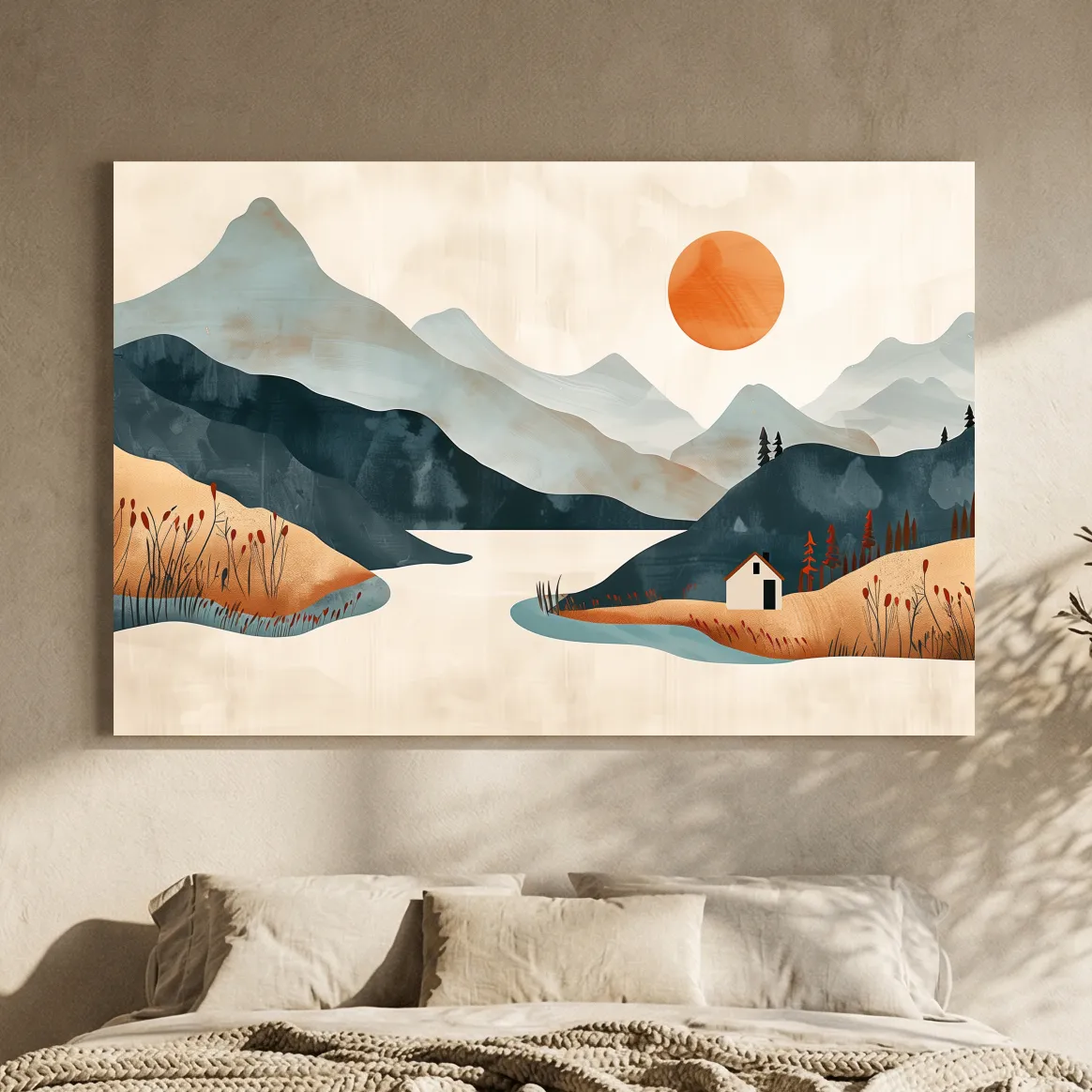 Minimalist Mountain Sunset Lake Cabin Illustration - Modern Scandinavian Wall Art