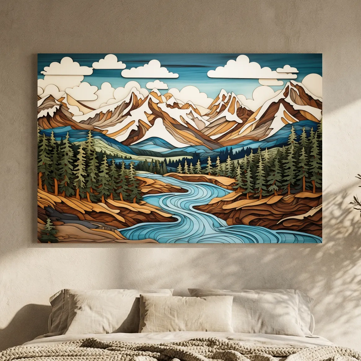 Intarsia Style Mountain River Landscape - Rustic Alpine Forest Artwork
