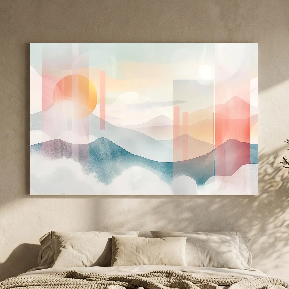 Abstract Pastel Mountain Sunrise Watercolor - Minimalist Geometric Wall Art