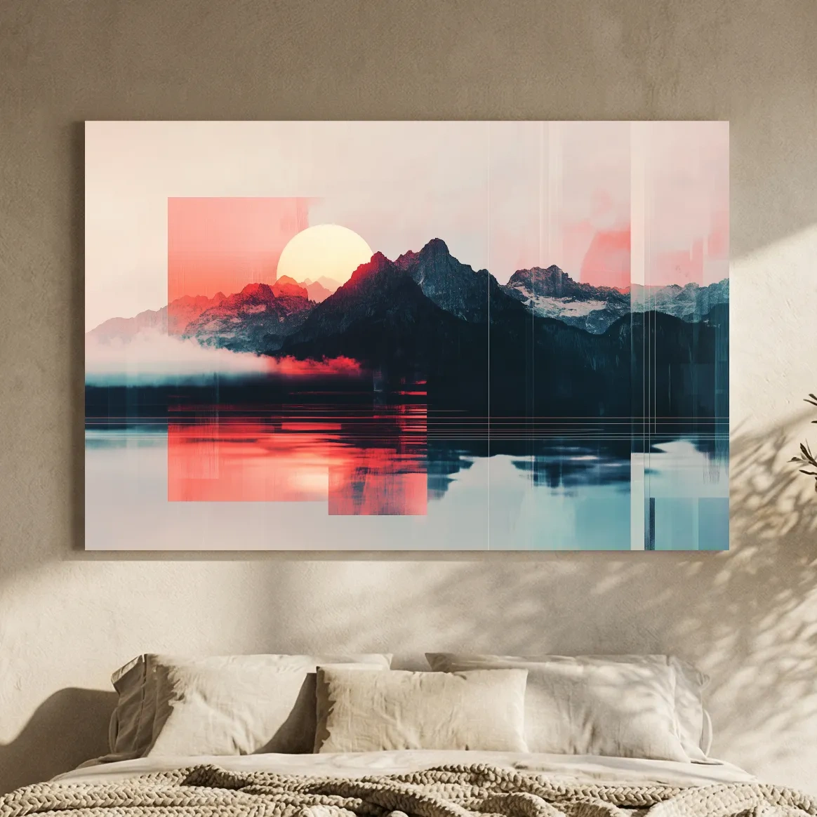 Abstract Alpine Mountain Sunset Reflection - Modern Geometric Glitch Wall Art