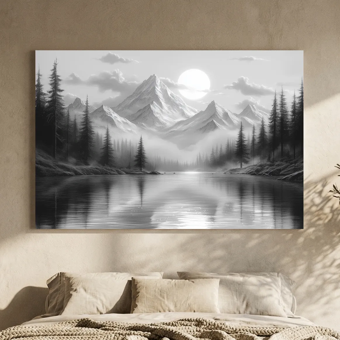 Monochrome Misty Alpine Lake Landscape - Mountain Forest Wall Art