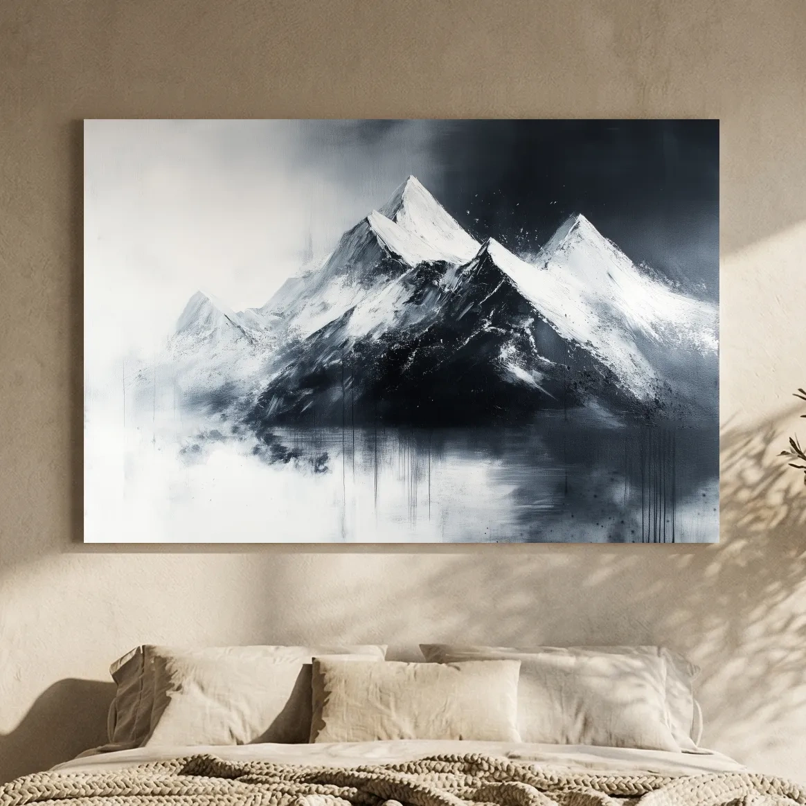 Moody Monochrome Snowcapped Mountain Peaks Painting - Modern Minimalist Wall Art