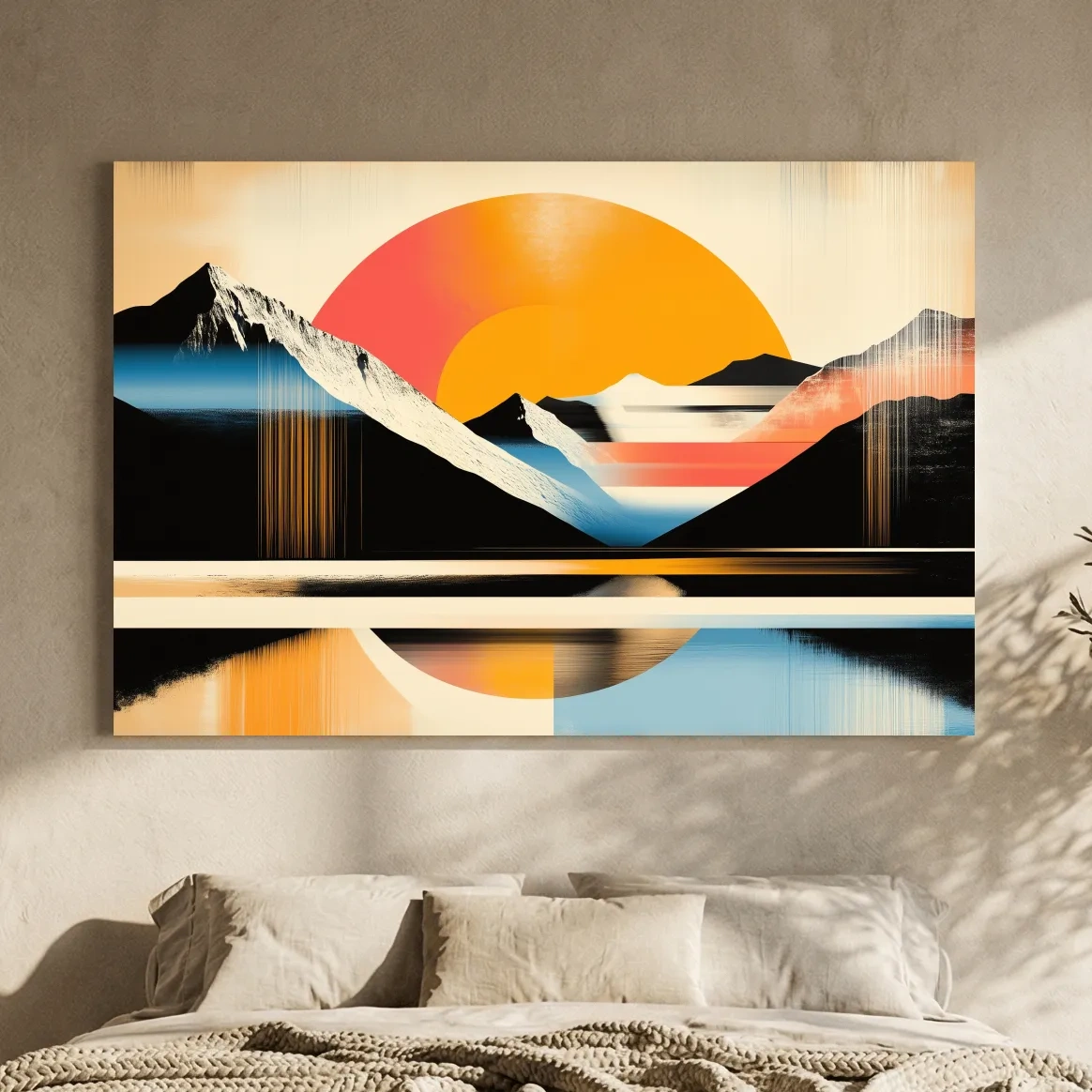 Retro Abstract Alpine Lake Sunset Artwork - Geometric Landscape Wall Art