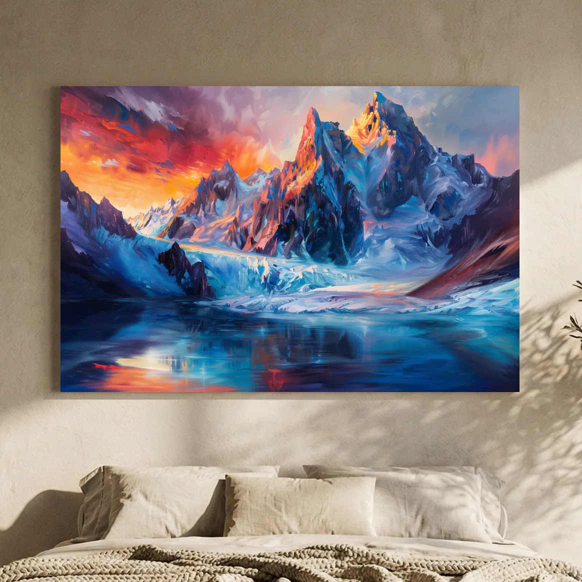 Vibrant Glacial Sunset Impressionism Painting - Dramatic Alpine Mountain Wall Art