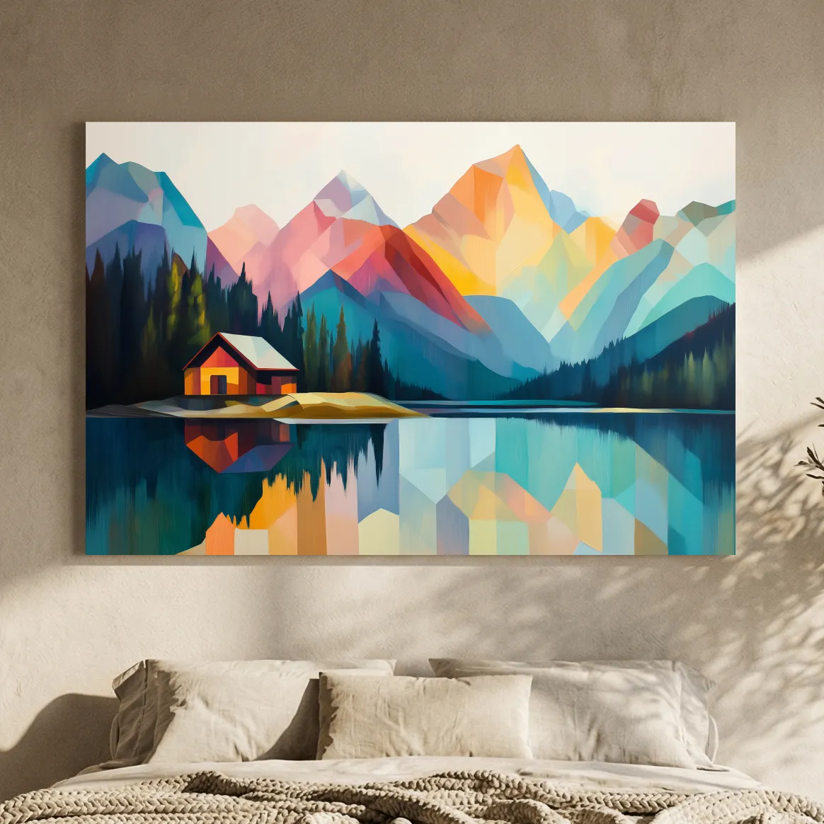 Vibrant Geometric Mountain Lake Cabin - Modern Abstract Landscape Wall Art