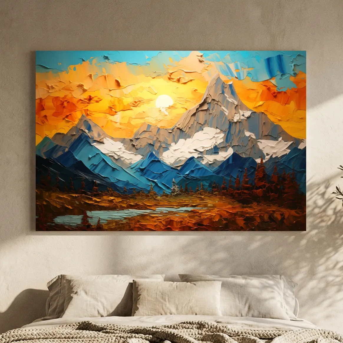 Palette Knife Style Mountain Sunset Painting - Vibrant Abstract Alpine Artwork