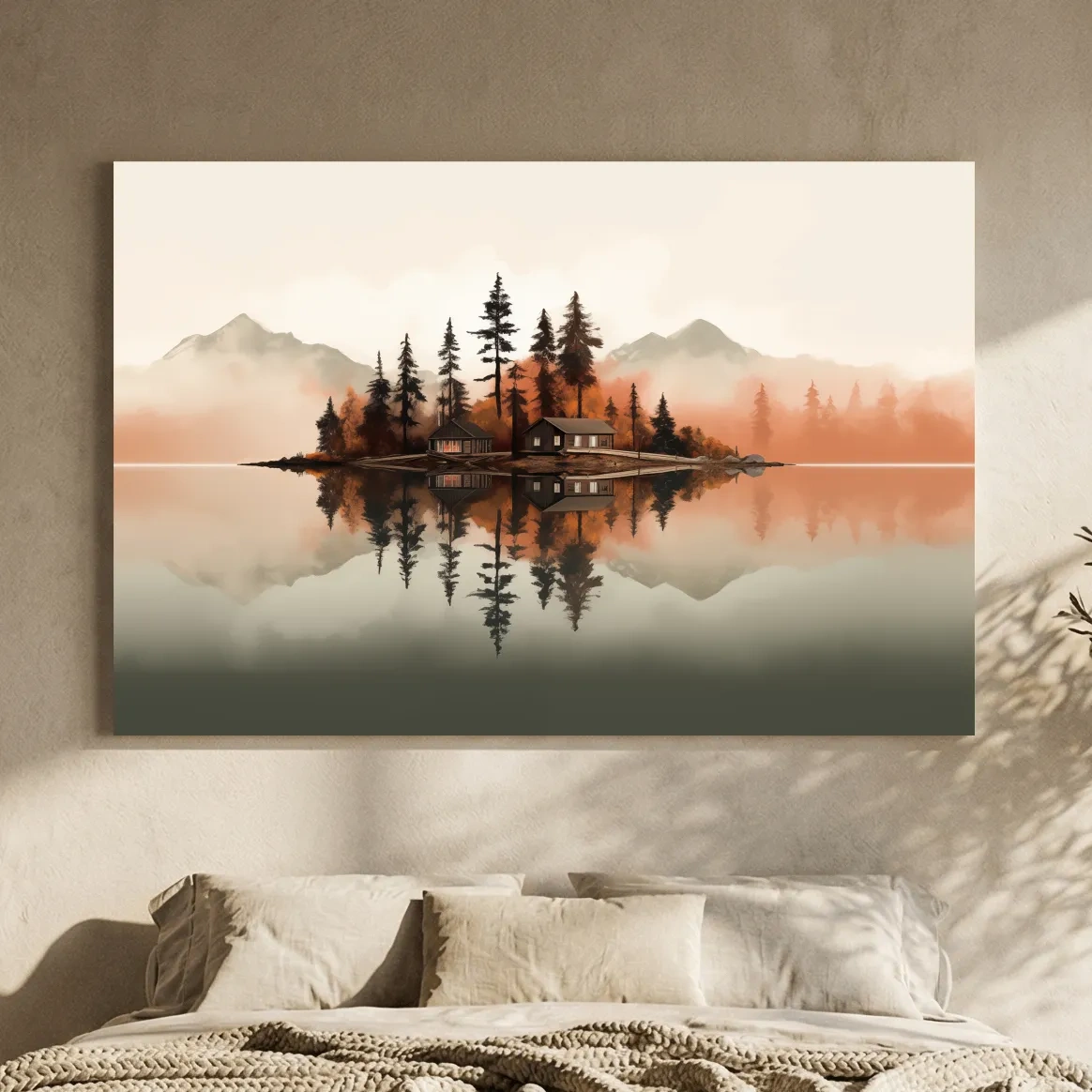 Minimalist Misty Lake Cabin Reflection - Autumn Mountain Landscape Wall Art