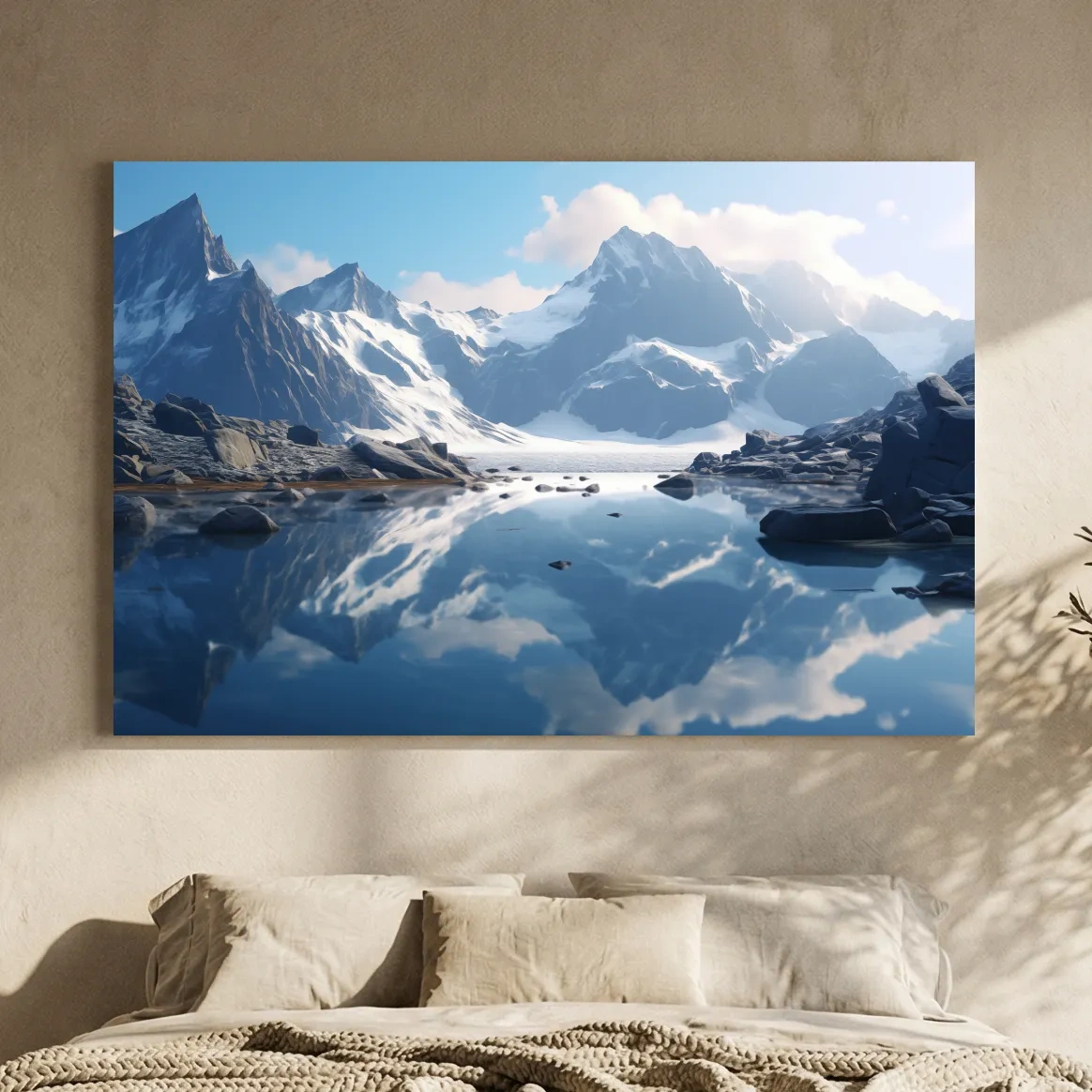 Majestic Snowcapped Mountain Lake Artwork - Serene Alpine Photography Wall Art
