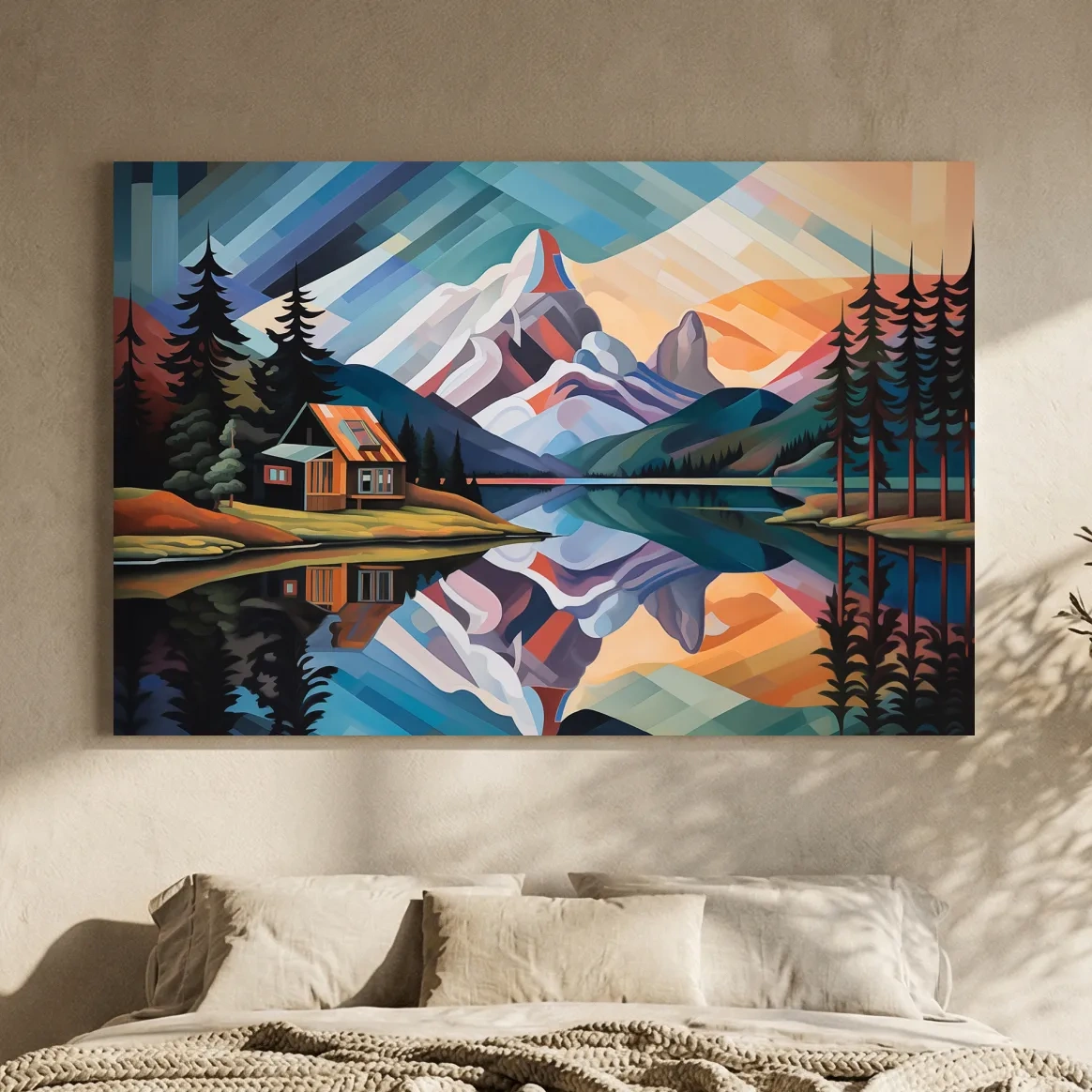 Mountain Cabin by the Lake Canvas Print - Abstract Oil Painting Sunset Wall Art