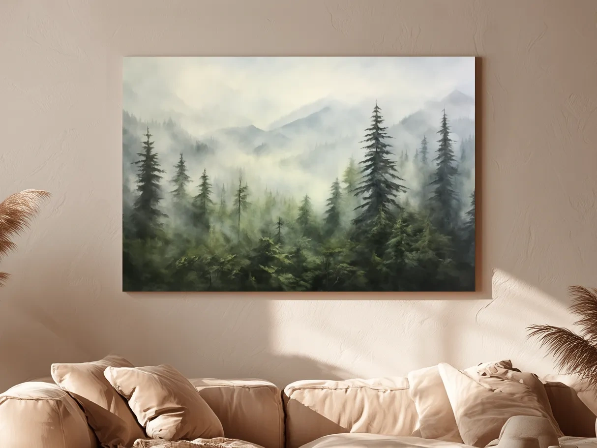 Misty Evergreen Forest Mountains Watercolor - Serene Foggy Landscape Artwork