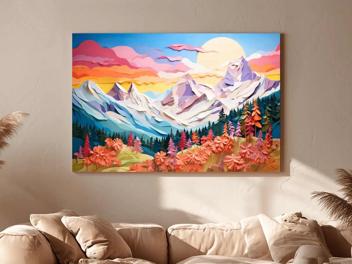 Faux Paper Cut Mountain Sunrise Landscape - Colorful Alpine Meadows Wall Art Print