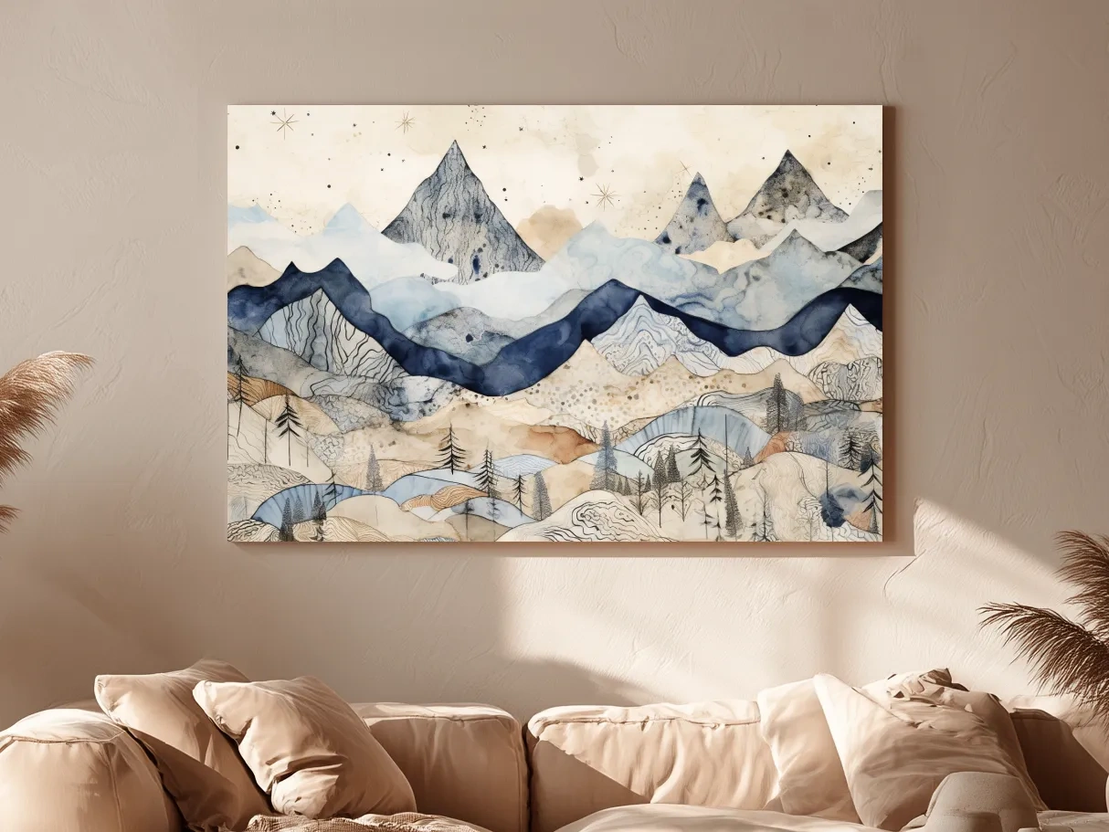 Patchwork Watercolor Mountain Range - Modern Alpine Landscape Wall Art