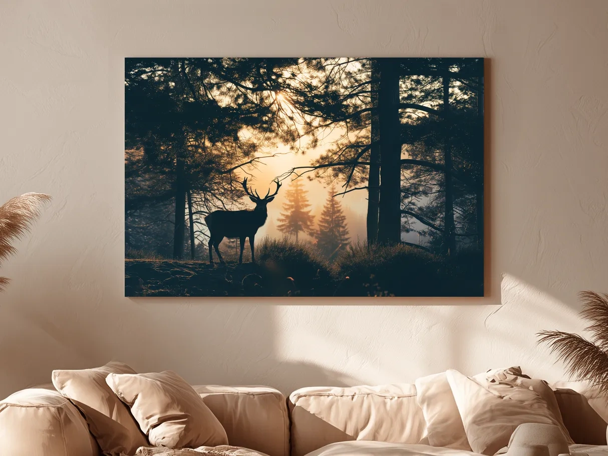 Moody Deer Silhouette In Misty Pine Forest - Golden Sunrise Wildlife Wall Art
