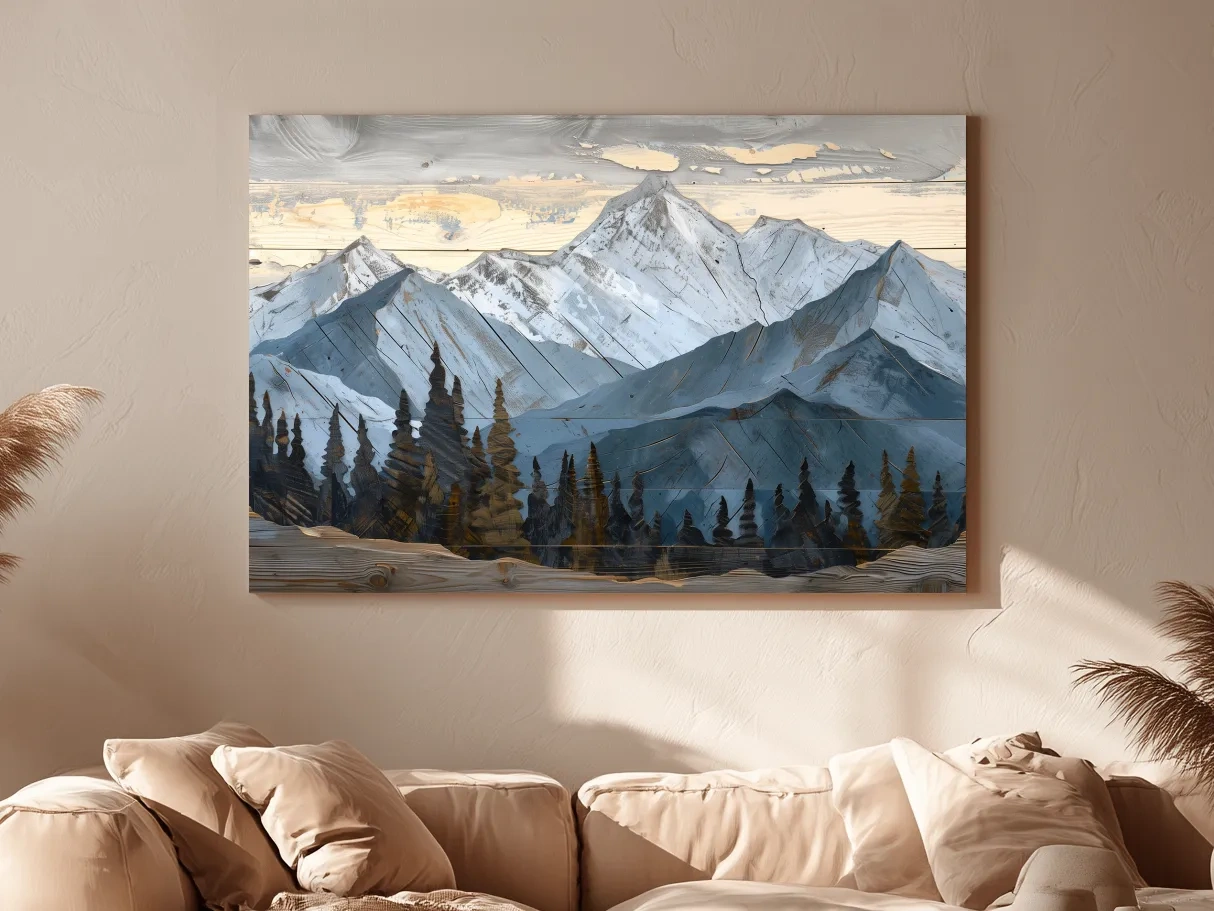 Alpine Forest Mountain Range Artwork - Rustic Woodgrain Landscape Wall Art