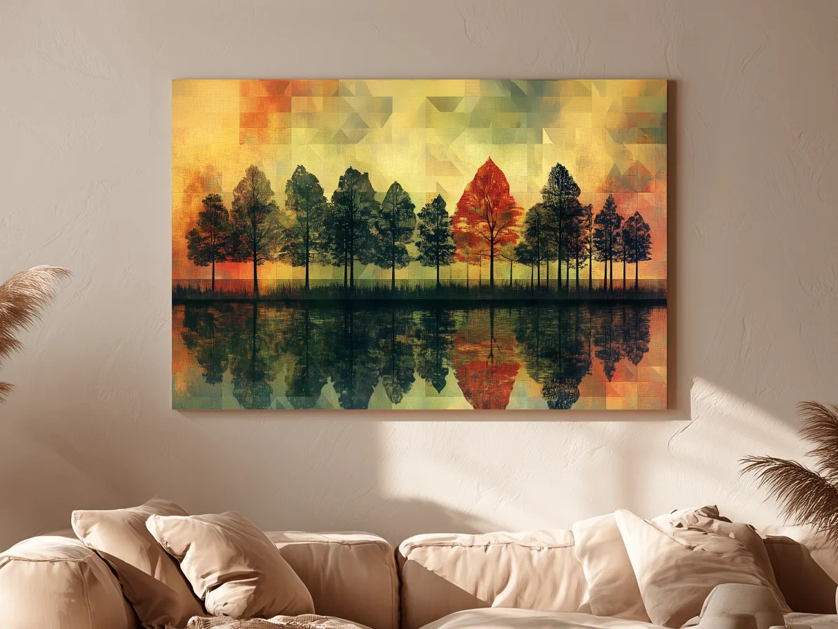 Abstract Geometric Autumn Forest Reflection - Modern Mosaic Landscape Artwork