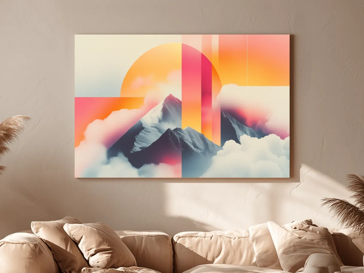 Surreal Retro Mountain Sunrise Wall Art - Abstract Artwork