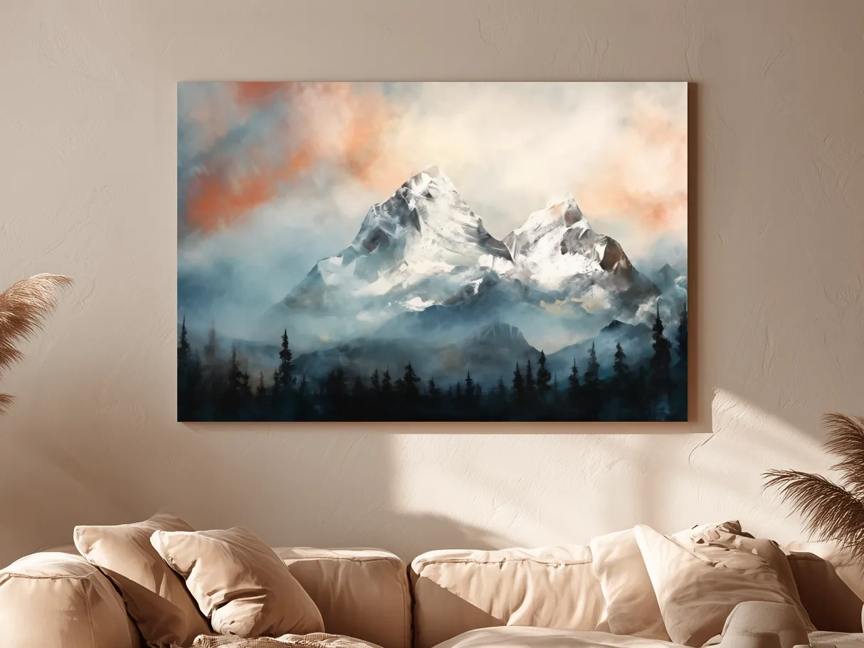 Misty Snowcapped Mountain Peaks Painting - Alpine Sunset Wall Art