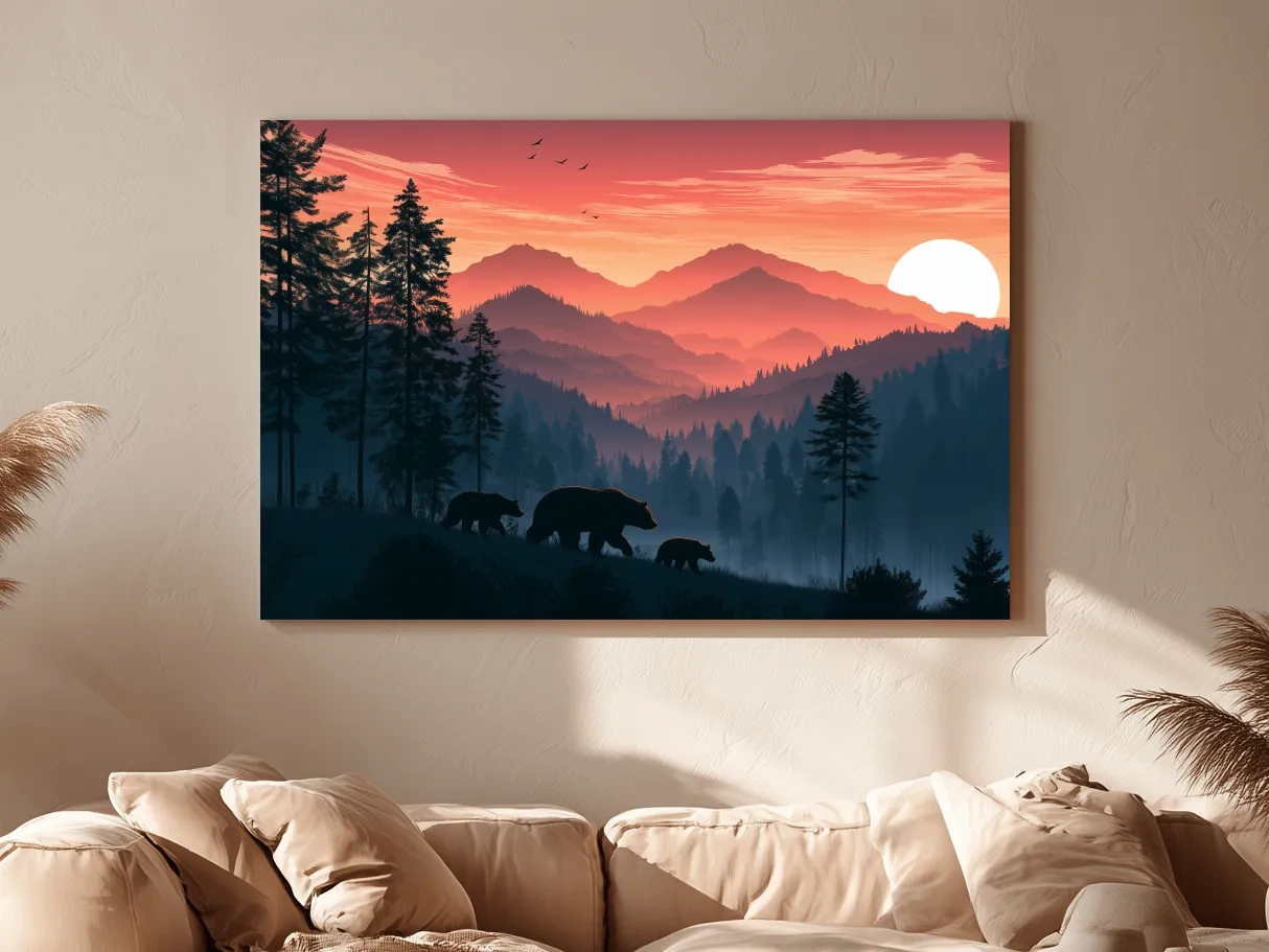 Bear Family Silhouette Mountain Sunset - Wildlife Landscape Wall Art