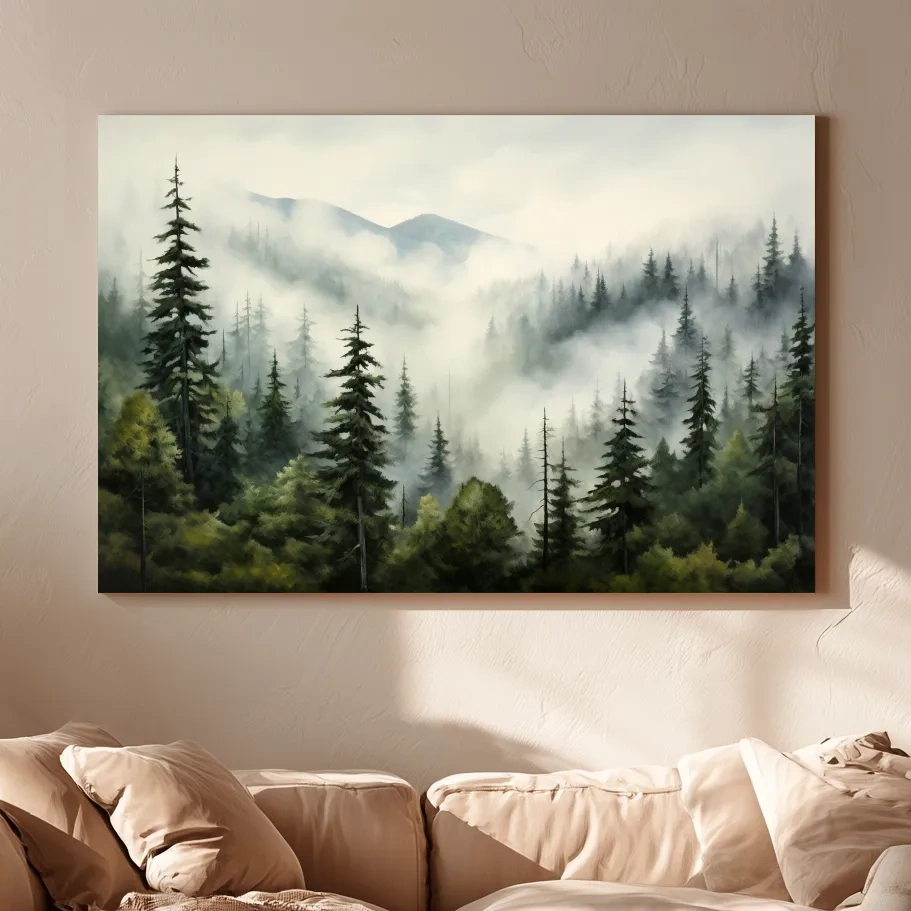 Foggy Alpine Mountain Forest Painting - Moody Watercolor Landscape Wall Art