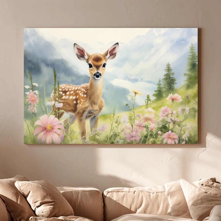 Watercolor Fawn In Wildflowers - Pastel Alpine Meadow Nursery Wall Art