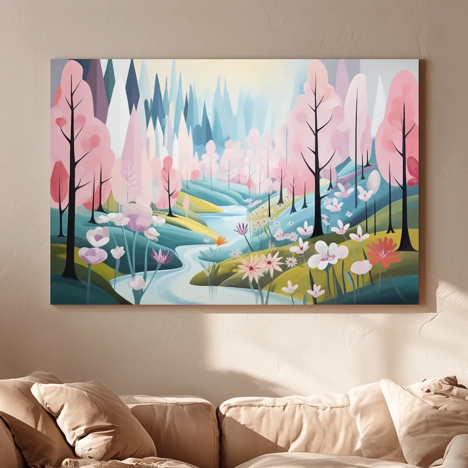 Dreamy Pastel Pink Blossom Forest - Whimsical Floral Landscape Wall Art